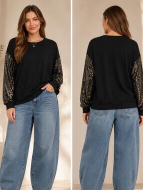 Karen Kane Black Long Sleeve Oversized Sequin Sleeves Soft Top Sz 3X